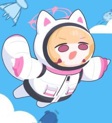  3girls animal_ear_helmet animal_helmet blonde_hair blue_archive blue_sky cat_helmet chamchi-mayo chibi chibi_only clouds commentary_request flying gloves halo helmet highres jacket korean_commentary long_sleeves low-tied_sidelocks malkuth_(blue_archive) meme momoi_(armed)_(blue_archive) momoi_(blue_archive) multiple_girls official_alternate_costume open_mouth outstretched_arms peroro_(blue_archive) pink_eyes pink_halo short_hair sidelocks sky solo_focus space_helmet spread_arms tail white_gloves white_helmet white_jacket yuuka_(blue_archive) yuuka_rocket_(meme) 