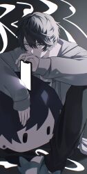  1boy absurdres black_hair black_pants character_and_character_item commentary_request covered_mouth double-parted_bangs elbow_on_knee fingernails full_body grey_eyes grey_jacket hair_between_eyes highres holding holding_phone hood hood_down hooded_jacket indie_utaite jacket knee_up knees_apart_feet_together long_sleeves looking_at_viewer male_focus pants phone pnt0005 short_hair sidelighting simple_background sitting slippers solo soraru utaite very_short_hair 