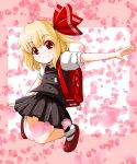  absurdres backpack bag blonde_hair child hair_ribbon highres jumping mary_janes outstretched_arms petals randoseru red_eyes ribbon roco_(katsuya1011) rumia shoes short_hair skirt smile solo spread_arms the_embodiment_of_scarlet_devil touhou youkai 