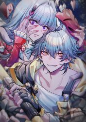  1boy 1girl arm_strap badge bare_shoulders black_gloves black_jacket blunt_bangs breasts caelus_(honkai:_star_rail) card collarbone crazy_eyes crazy_smile detached_collar detached_sleeves diamond_hair_ornament dress eyelashes fang fingerless_gloves fingernails four-pointed_star frilled_sleeves frills gloves grey_hair hair_between_eyes hair_ornament hand_on_own_face hands_up heart heart_hair_ornament highres holding holding_mask holding_sword holding_weapon honkai:_star_rail honkai_(series) hood hooded_jacket jacket lips long_fingernails long_hair long_sleeves looking_at_viewer mask medium_breasts nail_polish nihilux_(aeon_aha)_(honkai:_star_rail) nihilux_(honkai:_star_rail) open_clothes open_jacket orange_eyes playing_card red_mask red_nails red_sleeves shirt shisui53 short_hair signature sleeveless sleeveless_dress smile star-shaped_pupils star_(sky) star_(symbol) starry_sky_background sword symbol-shaped_pupils t-shirt tassel teeth trailblazer_(honkai:_star_rail) two-sided_fabric two-sided_jacket upper_body very_long_hair violet_eyes weapon white_dress white_shirt wide-eyed wing_collar yellow_jacket 
