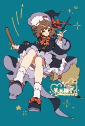  1girl :o ahoge artist_name black_capelet black_dress black_hat black_shoes bloomers blue_background bow bowtie broom broom_riding brown_eyes brown_hair capelet chinese_commentary commentary_request commission double-parted_bangs dress footwear_bow frilled_dress frills full_body hat hat_bow highres holding holding_wand layered_sleeves long_sleeves looking_at_viewer original parted_lips red_bow red_bowtie shinianjiuxia shoes short_hair simple_background sitting socks solo vgen_commission wand white_bloomers white_socks wide_sleeves witch_hat 