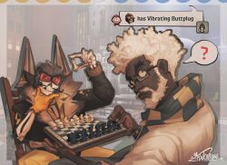  2022_hans_niemann_chess_cheating_controversy 2boys ? arm_up artist_name aviator_cap black-framed_eyewear black_jacket board_game chair chess chess_piece chessboard commentary dark-skinned_male dark_skin deadlock_(game) deadman_danny_(deadlock) english_commentary english_text facial_hair game_screenshot_background green_scarf heads-up_display highres holding holding_chess_piece jacket male_focus multiple_boys mustache pants pencil_mustache raised_eyebrow ratcaroni red_goggles scarf screenshot_background semi-rimless_eyewear signature sitting skeleton solomon_(deadlock) spoken_question_mark two-tone_scarf under-rim_eyewear user_interface very_dark_skin white_hair yellow_pants yellow_scarf 