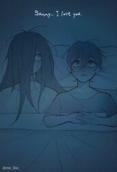  1boy 1girl blue_theme commentary double-parted_bangs dress english_commentary english_text hair_between_eyes hair_over_one_eye head_on_pillow hellmari_(omori) highres long_hair looking_at_another lying mel_(melmellie) messy_hair omori on_back parted_lips pillow shirt short_hair short_sleeves spoilers sunny_(omori) sweat t-shirt under_covers 