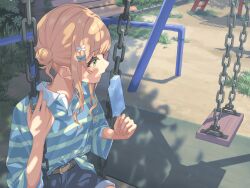  1girl blonde_hair bow breasts commentary dappled_sunlight expressionless food food_bite green_eyes hair_bow hair_bun highres holding holding_food holding_popsicle kaburaki_roco nijisanji on_swing playground popsicle shorts sitting small_breasts solo sonoat_753 sunlight swing untranslatable_commentary virtual_youtuber 