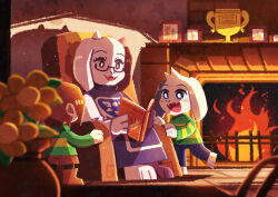  1boy 1girl 1other absurdres androgynous animal_ears armchair asriel_dreemurr barefoot black-framed_eyewear black_eyes black_pants blush book boots bright_pupils brown_boots brown_hair brown_shorts chair chara_(undertale) commentary_request delta_rune_(symbol) fangs fire fireplace flower furry furry_female furry_male glasses green_sweater highres holding holding_book horns long_sleeves looking_at_another mother_and_child mother_and_son open_book open_mouth pants parent_and_child rectangular_eyewear semi-rimless_eyewear short_hair shorts sitting skin_fangs smile sweater toriel trophy under-rim_eyewear undertale utdr_(toby_fox) vase watawata22 white_pupils 