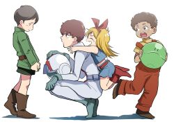  1girl 3boys absurdres amuro_ray belt blonde_hair blue_eyes bodysuit boots brown_belt brown_boots brown_eyes brown_hair brown_shoes closed_eyes clothes_pull collared_shirt commentary_request cropped_shirt denim denim_shorts earth_federation_space_forces fang freckles from_side gloves green_gloves green_jacket green_shoes green_shorts grey_belt gundam haro helmet highres holding holding_unworn_helmet hug hug_from_behind jacket katz_howan kikka_kitamoto letz_cofan long_hair looking_at_another mecha_pilot_suit mobile_suit_gundam multiple_boys normal_suit_(gundam) oh_syz open_mouth pulling_own_clothes red_belt red_boots shirt shirt_pull shoes short_hair shorts simple_background sleeveless sleeveless_shirt squatting tiptoes unworn_headwear unworn_helmet white_background white_bodysuit 