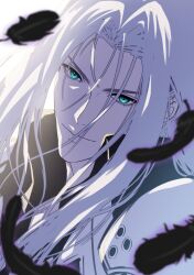  1boy armor black_coat black_feathers blurry blurry_foreground closed_mouth coat falling_feathers feathers final_fantasy final_fantasy_vii final_fantasy_vii_remake green_eyes grey_hair hair_between_eyes highres itumoyoutu long_bangs long_hair looking_at_viewer male_focus parted_bangs sephiroth shoulder_armor solo upper_body 