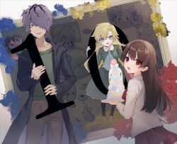  1boy 2girls anniversary blonde_hair blue_eyes blue_flower brown_hair brown_pants coat commentary_request doll_(ib) dress flower garry_(ib) green_dress green_shirt highres holding ib_(ib) ib_(kouri) long_sleeves mary_(ib) multiple_girls pants purple_hair rabbit red_eyes red_flower shirt suzumori_uina white_shirt yellow_flower 