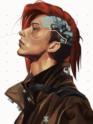  1girl asymmetrical_hair brown_jacket commentary_request cyberpunk cyberpunk_(series) cyberpunk_2077 from_side highres jacket red_hair seli1 short_hair sidecut solo undercut upper_body v_(cyberpunk) valerie_(cyberpunk) white_background 