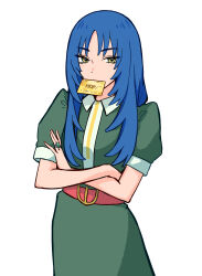  1girl absurdres blue_hair blush collared_dress commentary covered_mouth cowboy_shot crossed_arms dress green_dress green_eyes highres lisa_(sayonara_lara) long_hair looking_at_viewer mouth_hold puffy_short_sleeves puffy_sleeves sayonara_lara short_sleeves simple_background solo untranslatable_commentary white_background zangemiya 
