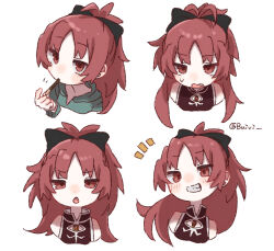1girl artist_name black_bow bow buivi chest_jewel commentary_request dress empty_eyes fang food food_in_mouth gem green_hoodie hair_bow highres hood hood_down hoodie jitome long_hair looking_at_viewer magical_girl mahou_shoujo_madoka_magica mahou_shoujo_madoka_magica:_walpurgis_no_kaiten mahou_shoujo_madoka_magica_(anime) multiple_views open_mouth pocky pocky_in_mouth red_dress red_eyes red_gem red_hair sakura_kyoko sakura_kyoko_(magical_girl) simple_background sleeveless sleeveless_dress smile soul_gem_(madoka_magica) teeth white_background