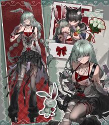  1boy 1girl absurdres alternate_costume anger_vein animal_ears bandage_over_one_eye bare_shoulders black_skirt black_socks braid breasts carrot check_clothing chinese_commentary closed_mouth clothing_request commentary_request green_hair grey_eyes grey_pantyhose heterochromia highres holding holding_carrot jourming kemonomimi_mode long_hair looking_at_another looking_at_viewer low_twin_braids male_rover_(wuthering_waves) medium_breasts multicolored_hair pantyhose phrolova_(wuthering_waves) rabbit_ears rabbit_girl red_eyes revision rover_(wuthering_waves) shirt skirt socks streaked_hair stuffed_animal stuffed_rabbit stuffed_toy tacet_mark_(wuthering_waves) twin_braids white_shirt wolf_boy wolf_ears wuthering_waves 