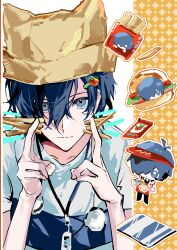  1boy :| absurdres animal_hat blue_eyes brown_hat cat_hat chibi chibi_inset closed_mouth commentary diagonal-striped_clothes diagonal-striped_shirt digital_walkman drawn_whiskers earphones food french_fries hair_between_eyes hair_ornament hairclip hand_up hat headset highres holding holding_food holding_tray ketchup lanyard looking_at_viewer mp3_player persona persona_3 persona_3_reload red_hat shirt shizi_moriko short_hair simple_background solo striped_clothes striped_shirt tomato tray two-tone_shirt v white_background yuuki_makoto_(persona_3) 