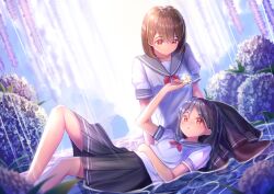  2girls absurdres black_hair black_pantyhose black_skirt blue_flower bow brown_hair closed_mouth commentary_request day dutch_angle flower flower_request grey_sailor_collar hand_on_own_stomach highres holding holding_flower hydrangea knee_up lap_pillow long_hair looking_at_another looking_down lying medium_skirt multiple_girls on_back on_ground original outdoors pantyhose pleated_skirt rain red_bow red_eyes sailor_collar school_uniform serafuku shirt short_hair short_sleeves skirt smile straight_hair tachibanashiro17 water white_shirt yellow_flower yuri 