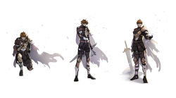 1boy absurdres adjusting_clothes armor artist_request ashes black_boots black_pants blue_eyes boots breastplate broken broken_armor broken_sword broken_weapon brown_armor brown_cape brown_gloves brown_hair cape clause_(king's_raid) commentary_request concept_art english_commentary floating_clothes floating_hair frown full_body gloves grey_armor hand_on_own_chest highres holding holding_sword holding_weapon king's_raid kneeling korean_commentary mixed-language_commentary multiple_views official_alternate_costume official_art pants pauldrons planted planted_sword rebel_clause_(king's_raid) second-party_source short_hair shoulder_armor simple_background sword thigh_boots torn_cape torn_clothes weapon white_background wind 