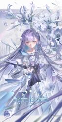  1girl absurdres bent_back blue_eyes breasts commission cupping_hands fate/grand_order fate_(series) flower full_body hair_flowing_over hair_ribbon half_updo hands_up highres knee_spikes leg_blade light_blush lily_(flower) long_hair meltryllis_(fate) meltryllis_(third_ascension)_(fate) mihuashi_commission mihuashi_logo navel own_hands_together parted_lips prosthesis prosthetic_leg purple_hair revealing_clothes ribbon sample_watermark shixian sleeves_past_fingers sleeves_past_wrists small_breasts spikes stomach very_long_hair watermark 
