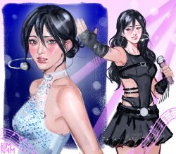  absurdres alternate_universe bare_shoulders black_hair black_leotard black_skirt black_sleeves breasts chest_strap clothing_cutout cowboy_shot dress grey_eyes hair_between_eyes hair_bun headset highres holding holding_microphone idol idol_clothes leotard long_hair medium_breasts medium_hair microphone mikasa_ackerman miniskirt multiple_views musical_note outstretched_hand parted_lips pleated_skirt rimari_(rimri4mm) shingeki_no_kyojin sketch skirt updo white_dress 