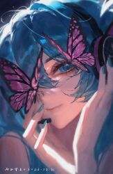  1girl blue_eyes blue_hair blue_nails bug butterfly close-up closed_mouth commission dated hands_up hatsune_miku headphones highres light_smile mihuashi_commission nail_polish one_eye_covered pink_butterfly portrait sizuka_(komorilian) solo vocaloid 
