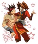  2boys :d ahoge bandage bandages black_hair brown_hair fingerless_gloves gan_ning gloves happy headband jewelry ling_tong multiple_boys muscle necklace open_mouth pants pointing ponytail sangoku_musou shirtless smile spiked_hair spiky_hair star tattoo yoshika51 