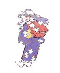  1girl araya_(project_moon) backpack bag black_hair child closed_eyes floating_hair from_behind full_body happy highres japanese_clothes jigsaw_puzzle kimono limbus_company long_hair multicolored_hair project_moon purple_hair purple_kimono puzzle randoseru red_bag smile socks solo ssmr_rolling streaked_hair teeth two-tone_hair white_socks 