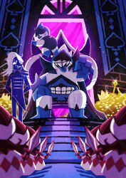  6+boys absurdres blue_skin blue_tongue colored_skin colored_tongue commentary_request deltarune highres holding holding_sword holding_weapon king_(deltarune) lancer_(deltarune) long_hair looking_at_another looking_at_viewer male_focus multiple_boys rouxls_kaard rudinn_ranger sharp_teeth sitting sweat sword teeth throne tongue tongue_out upper_teeth_only utdr_(toby_fox) watawata22 weapon white_hair 
