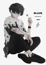  1boy 2021 arm_on_knee arm_tattoo black-framed_eyewear black_hair black_nails black_pants black_shirt black_shoes candy closed_mouth commentary ear_piercing earrings expressionless facial_tattoo food full_body glasses grey_background hair_between_eyes holding holding_candy holding_food holding_lollipop jewelry knee_up lollipop male_focus nail_polish neck_tattoo no_socks open_clothes open_shirt original p_(pkochan) pants piercing round_eyewear shirt shoes short_hair simple_background sitting solo tattoo undershirt white_shirt 