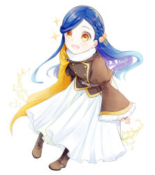  1girl belt black_jacket boots braid braided_bangs brown_boots cape commentary_request culottes flower frilled_sleeves frills full_body fur_scarf grey_belt hair_flower hair_ornament honzuki_no_gekokujou jacket jewelry lace-up_boots leaning_forward long_hair long_sleeves looking_at_viewer meehituzi myne_(honzuki_no_gekokujou) open_mouth ring simple_background smile solo sparkle standing swept_bangs twitter_username white_background wide_sleeves yellow_cape 