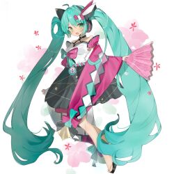  1girl artist_name asymmetrical_legwear black_choker black_skirt black_sleeves black_thighhighs blue_bow blue_eyes blue_hair bow choker diamond_(shape) fish flower folding_fan full_body graph_paper hair_ornament hairclip halterneck hand_fan hand_up hatsune_miku headphones legs light_blush long_hair looking_at_viewer magical_mirai_(vocaloid) magical_mirai_miku magical_mirai_miku_(2020_summer) miao_miao_lutani obi okobo open_mouth pink_bow pink_sleeves platform_sandals sandals sash skirt smile solo thigh-highs twintails very_long_hair vocaloid white_background white_sleeves wide_sleeves 