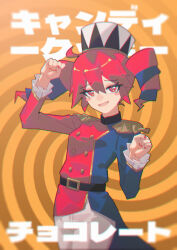  1girl ahoge arm_up belt belt_buckle black_belt blush_stickers brown_background buckle candycookiechocolate_(vocaloid) cowboy_shot double-parted_bangs drill_hair egh_(ssquan) epaulettes hair_between_eyes hand_up hat highres jacket kasane_teto long_sleeves looking_at_viewer multicolored_jacket open_mouth pants paw_pose red_eyes red_hair red_nails short_hair sidelocks smile solo song_name twin_drills two-tone_hat two-tone_jacket utau white_pants 