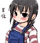  black_hair blush braid long_hair mitsudomoe mole ogata_airi overalls striped twin_braids yuuichi_(tareme_paradise) 