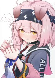  ... 1girl absurdres animal_ears arknights barurun_pen black_hairband blush cat_ears cat_girl closed_mouth collar goldenglow_(arknights) hair_between_eyes hairband highres jacket leash long_sleeves looking_at_viewer open_clothes open_jacket pink_hair restrained shirt simple_background solo white_background white_shirt yellow_eyes 
