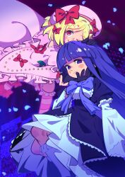  2girls ;) absurdres ascot bare_back beret black_dress black_gloves blonde_hair blue_background blue_hair blue_petals blunt_bangs blurry blurry_background bow collar couple dress elbow_gloves expressionless falling_petals floating flying frederica_bernkastel frilled_ascot frilled_collar frilled_dress frilled_skirt frilled_sleeves frilled_socks frills frown fukurinn gem gloves gradient_background hair_bow hair_ribbon hand_on_another's_chin hand_on_another's_head hat hat_bow hat_ornament head_hug highres hug jewelry kneehighs lambdadelta layered_dress layered_sleeves leaf leaning_forward leg_up long_hair long_sidelocks long_sleeves looking_at_viewer multiple_girls neck_ribbon necklace one_eye_closed parted_bangs pearl pearl_necklace petals petticoat pink_dress pink_eyes pink_hat puffy_sleeves purple_bow red_bow red_ribbon red_shoes ribbon ribbon-trimmed_socks ribbon_shoes ribbon_trim shoes short_hair sidelocks skirt skirt_under_dress smile socks standing standing_on_one_leg straight_hair striped_clothes striped_socks train_(clothing) umineko_no_naku_koro_ni very_long_hair violet_eyes white_ascot white_skirt white_sleeves wide_sleeves 