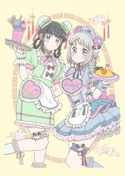  2girls alternate_costume alternate_hairstyle amaya_tsubame animal_ears apron aqua_eyes black_hair blue_dress blue_eyes blush bow bowtie braid braided_hair_rings bun_cover chinese_clothes closed_mouth commentary cropped_legs double_bun dress enmaided fake_animal_ears food frilled_apron frilled_dress frilled_thigh_strap frilled_wrist_cuffs frills frown gakuen_idolmaster green_dress grey_hair hair_bun hair_extensions hair_ornament hair_rings highres holding holding_tray ice_cream idolmaster katsuragi_lilja layered_dress long_hair looking_at_viewer maid maid_headdress meandros multiple_girls omelet omurice panda_hair_ornament pink_bow pink_bowtie pink_ribbon puffy_short_sleeves puffy_sleeves qi_maid ribbon ring_hair_extensions short_sleeves sidelocks smile socks tassel thigh_strap tray waist_apron white_apron wicked_doll wrist_cuffs xiangyun yellow_background 