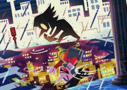  1boy absurdres black_hair closed_eyes commentary_request deltarune different_reflection highres holding holding_phone male_focus open_mouth phone puddle rain reflection short_hair smile solo spamton_g._spamton spamton_g._spamton_(big_shot) teeth upper_teeth_only utdr_(toby_fox) watawata22 