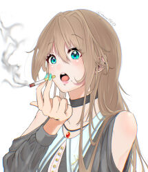  1girl bare_shoulders between_fingers black_choker brown_hair buttons choker cigarette clothing_cutout commentary_request green_eyes green_nails hair_between_eyes highres holding holding_cigarette jewelry light_blush long_hair long_sleeves mole mole_under_mouth necklace open_mouth original portrait sakurada_yukimi shoulder_cutout sidelocks simple_background smoke smoke_trail smoking solo teeth twitter_username upper_teeth_only 