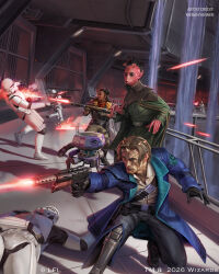  1girl 6+boys alien armor artist_name black_gloves black_hair black_pants blonde_hair blue_coat brown_hair cloak coat colored_skin commentary dark-skinned_female dark_skin english_commentary english_text gloves green_cloak gun handgun helmet highres holding holding_gun holding_weapon horns indoors kieran_yanner laser long_hair multiple_boys official_art open_clothes open_coat pants pointy_ears red_skin rodian second-party_source shirt short_hair star_wars stormtrooper very_dark_skin weapon white_armor white_helmet white_shirt zabrak 