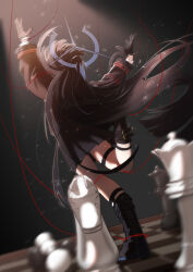  1girl 3year_etarou absurdres arms_up artist_name black_boots black_gloves black_hair black_jacket black_skirt blue_archive blue_halo boots chess_piece commentary_request dancing facing_up floating_hair from_behind full_body gloves half_gloves halo highres jacket knee_boots knight_(chess) long_hair long_sleeves oversized_object pawn_(chess) pleated_skirt rook_(chess) shouko_(blue_archive) skirt solo spotlight string string_of_fate thigh_strap twitter_username very_long_hair watermark 