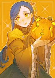  1girl black_dress blue_hair blush brown_eyes dress hair_ornament highres holding holding_pumpkin honzuki_no_gekokujou jack-o'-lantern leorlontyan long_hair looking_to_the_side myne_(honzuki_no_gekokujou) open_mouth pumpkin rainbow_gradient solo sparkle two-tone_dress yellow_background yellow_dress 