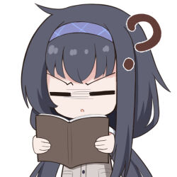  1girl :o ? apricotlemontea black_hair blue_archive book cardigan chibi closed_eyes commentary_request grey_cardigan hairband holding holding_book long_hair low_twintails open_book parted_lips purple_hairband school_uniform simple_background solo twintails ui_(blue_archive) upper_body v-shaped_eyebrows very_long_hair white_background 