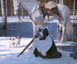  1girl animal_ear_fluff animal_ears apron black_dress cat_ears cat_girl commentary dog dress extra_ears fkey frilled_apron frills grey_hair gun highres holding holding_gun holding_weapon horse lake maid maid_apron orange_eyes original puffy_sleeves rifle scenery squatting tree weapon white_apron 