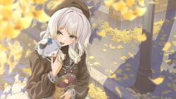  1girl :d animal_ears autumn autumn_leaves baby_animal bag beret commentary dog dog_ears dog_girl feeding_animal food green_eyes grey_hair hat highres holding holding_bag lamppost leaf light_blush niginigi_nijitown nijisanji on_shoulder puppy red_nails shioriha_ruri smile solo_focus sonoat_753 sweet_potato untranslatable_commentary virtual_youtuber 