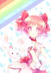  artist_request bow breasts bubble_skirt choker gloves hair_bow kaname_madoka kyubey magical_girl mahou_shoujo_madoka_magica namie-kun no_nose pink_eyes pink_hair point pointing puffy_sleeves rain rainbow short_twintails source_request title_drop twintails white_gloves 