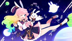  1girl animal_ears aqua_hair artist_name blonde_hair blue_eyes bow cio_(ciosui) collared_shirt earrings eyelashes fish full_body gradient_hair green_hair hat hat_ornament jewelry long_sleeves multicolored_hair neckerchief one_eye_closed open_mouth orange_hair original pink_bow pink_hair pink_neckerchief pink_skirt planet planetary_ring puffy_short_sleeves puffy_sleeves purple_bow purple_sailor_collar purple_skirt rabbit rabbit_ears rabbit_girl rainbow_hair sailor_collar school_uniform serafuku shirt shoes short_sleeves skirt smile solo space sparkle star_(sky) star_(symbol) star_earrings star_hat_ornament teeth two-tone_bow two-tone_skirt upper_teeth_only white_hat white_shirt white_shoes wrist_cuffs 