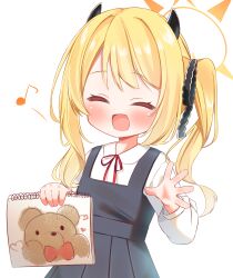  1girl :d absurdres bear black_horns blonde_hair blue_archive blue_dress blush child closed_eyes collared_shirt commentary_request demon_girl demon_horns drawing_(object) dress fuyonohi45 hair_ribbon halo heart highres holding holding_sketchbook horns ibuki_(blue_archive) long_hair long_sleeves musical_note neck_ribbon open_hand open_mouth pleated_dress ribbon shirt side_part simple_background sketchbook smile solo spoken_musical_note upper_body white_background white_shirt yellow_halo 