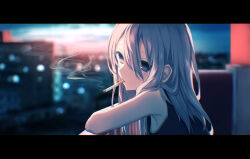  1girl absurdres arm_rest balcony bare_arms black_tank_top cigarette cityscape commentary grey_eyes grey_hair hair_between_eyes highres letterboxed long_hair morning mouth_hold nat4ne original outdoors smoke smoke_trail smoking solo tank_top upper_body 