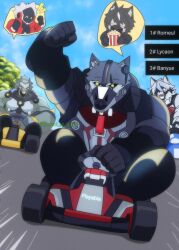  5boys absurdres banyue_(zenless_zone_zero) billy_kid black_fur black_hair character_name driving english_commentary english_text fist_pump furry furry_male go-kart highres looking_at_another looking_at_viewer male_focus mors_(zenless_zone_zero) multiple_boys racing robot_boy romeul_(zenless_zone_zero) romeul_is_good speech_bubble spoken_character von_lycaon white_fur white_hair wide-eyed wolf_boy zenless_zone_zero 