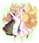  animal_ears barefoot blonde_hair cat_pose character_request crossover face fox_ears fox_tail girl_sandwich green_eyes hug multiple_girls multiple_tails ninetails ninetales paw_pose personification pokemon smile sue_sgr_u tail toppara touhou touka_(toppara) wink yakumo_ran 