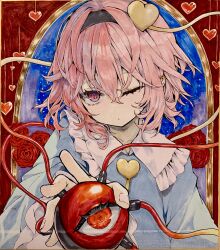  1girl black_hairband blue_shirt buttons collared_shirt commentary_request disembodied_linked_eye eyeball flower frilled_shirt_collar frilled_sleeves frills hair_between_eyes hair_ornament hairband heart heart_button heart_hair_ornament highres kararage_tsune komeiji_satori long_sleeves medium_hair one-hour_drawing_challenge one_eye_closed pink_eyes pink_hair red_flower red_rose rose shikishi shirt solo touhou traditional_media upper_body wide_sleeves 