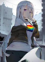  1girl absurdres bad_id bad_twitter_id black_jacket black_pants breasts building city commentary fantongjun grey_hair hand_to_own_mouth highres higuchi_kaede higuchi_kaede_(casual) jacket jacket_partially_removed long_hair looking_at_viewer mole mole_under_eye nijisanji off_shoulder open_clothes open_jacket outdoors pants print_shirt shirt solo violet_eyes virtual_youtuber white_shirt 