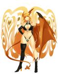 1girl arms_behind_back asymmetrical_clothes asymmetrical_clothing blonde_hair boots breasts cleavage demon_girl demon_tail demon_wings elbow_gloves female gloves hand_on_hip head_wings heart highres horns kuri_(kurichan) kurichan large_breasts long_hair lord_of_vermilion navel orange_hair pointy_ears single_thighhigh single_wing solo succubus succubus_(lord_of_vermilion) tail thigh-highs thighhighs very_long_hair wings yellow_eyes